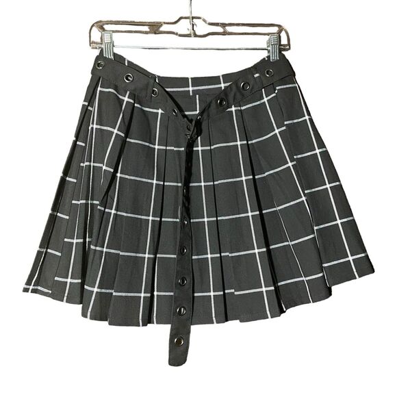 Hot Topic White Black Plaid Pleated Mini Skirt Grommet Belt M Punk‎ Goth Rock - Picture 1 of 10